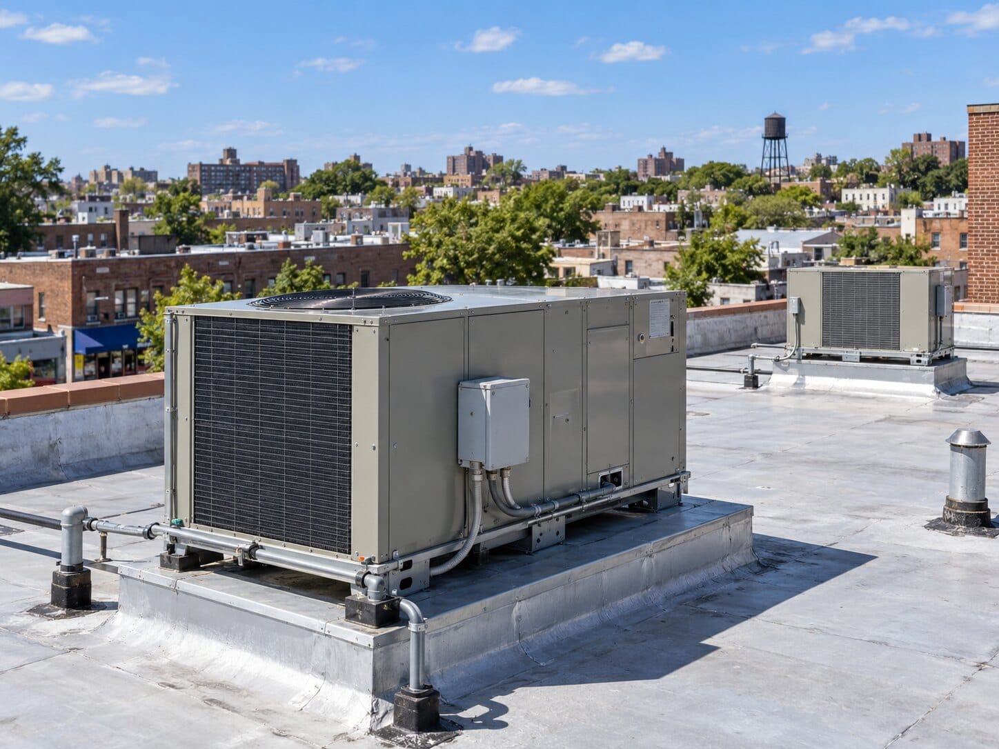 Commercial rooftop air-conditioning equipment above a Queens neighborhood